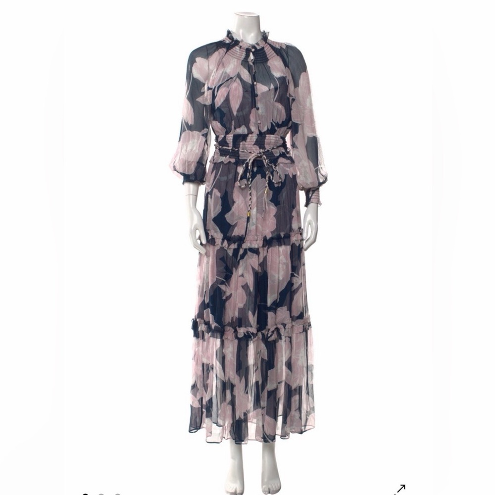 Elegant Floral Long Sleeve Silk Maxi Dress